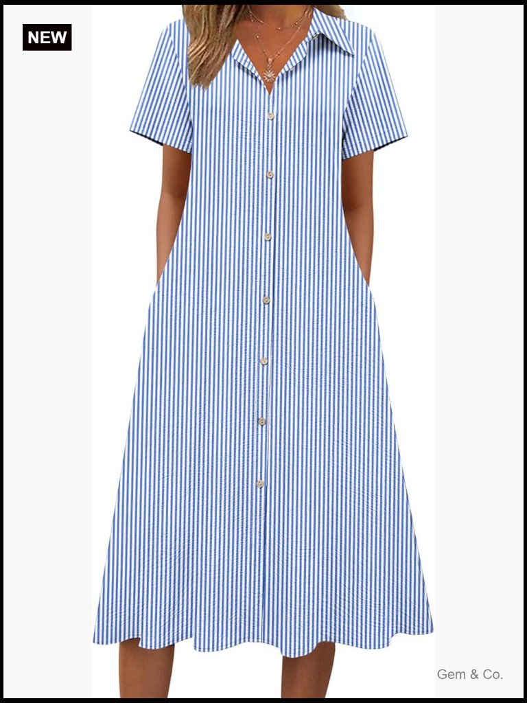 Button Down Shirt Dress A-Line Midi Sundress Short Sleeve Beach Cover Up
